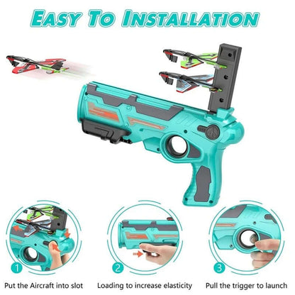 Easy to install airplane launcher blaster toy for kids, showing loading and launching instructions.