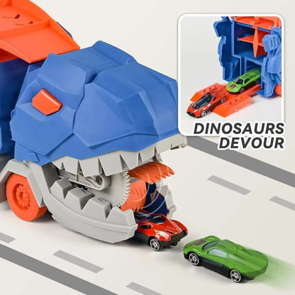 Dinosaur transport truck with T-Rex design delivering mini cars for exciting races on foldable track.
