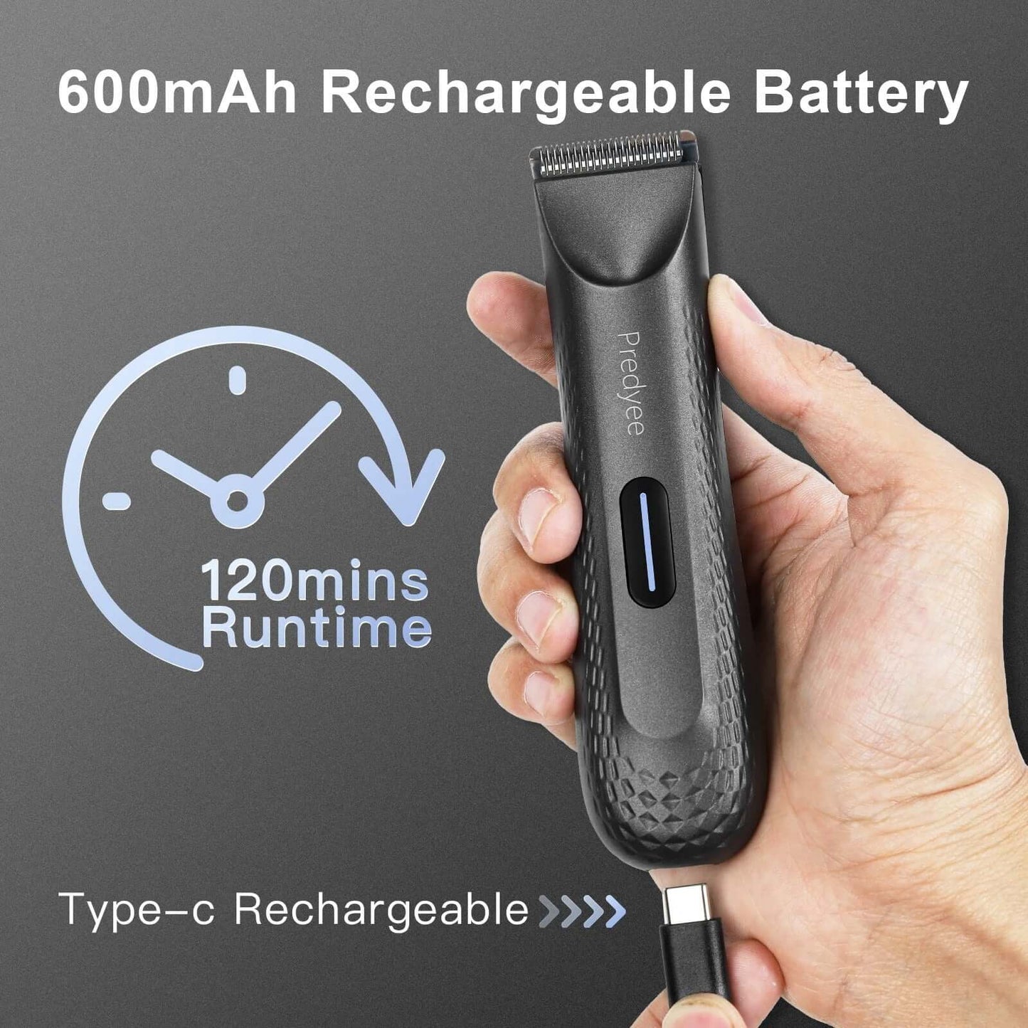 Electric groin hair trimmer with 600mAh battery, 120 minutes runtime, and Type-C charging port.