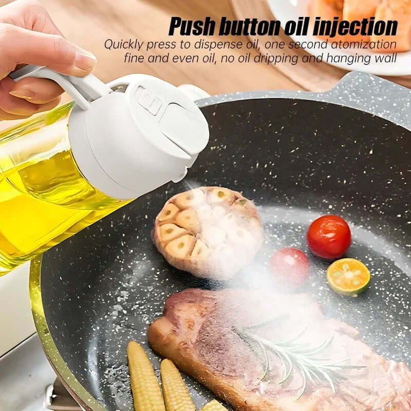 Push button oil dispenser in use, spraying oil evenly over meat and vegetables for mess-free cooking.