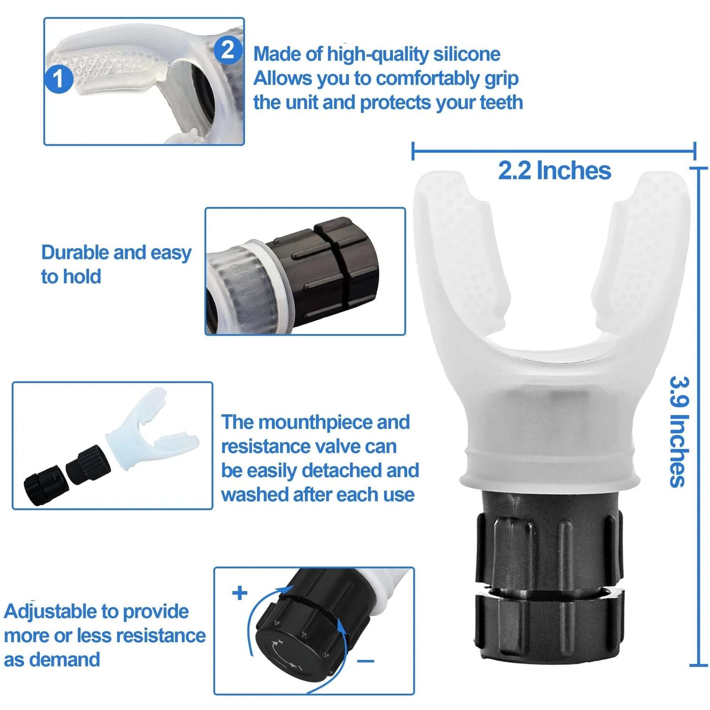Close-up of an adjustable resistance lung trainer mouthpiece, made of silicone for comfort and durability.