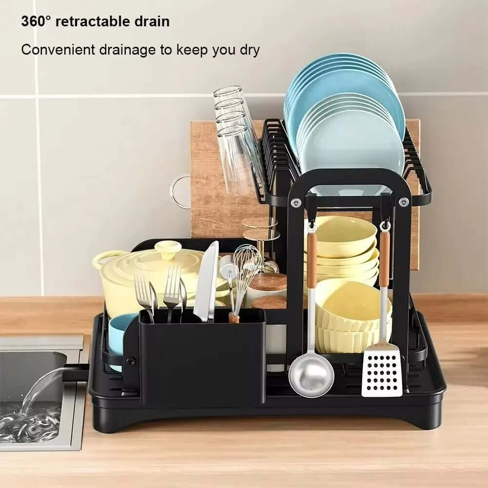 2-tier dish drying rack with drainboard, featuring organized plates and utensils for efficient drainage and counter space saving.