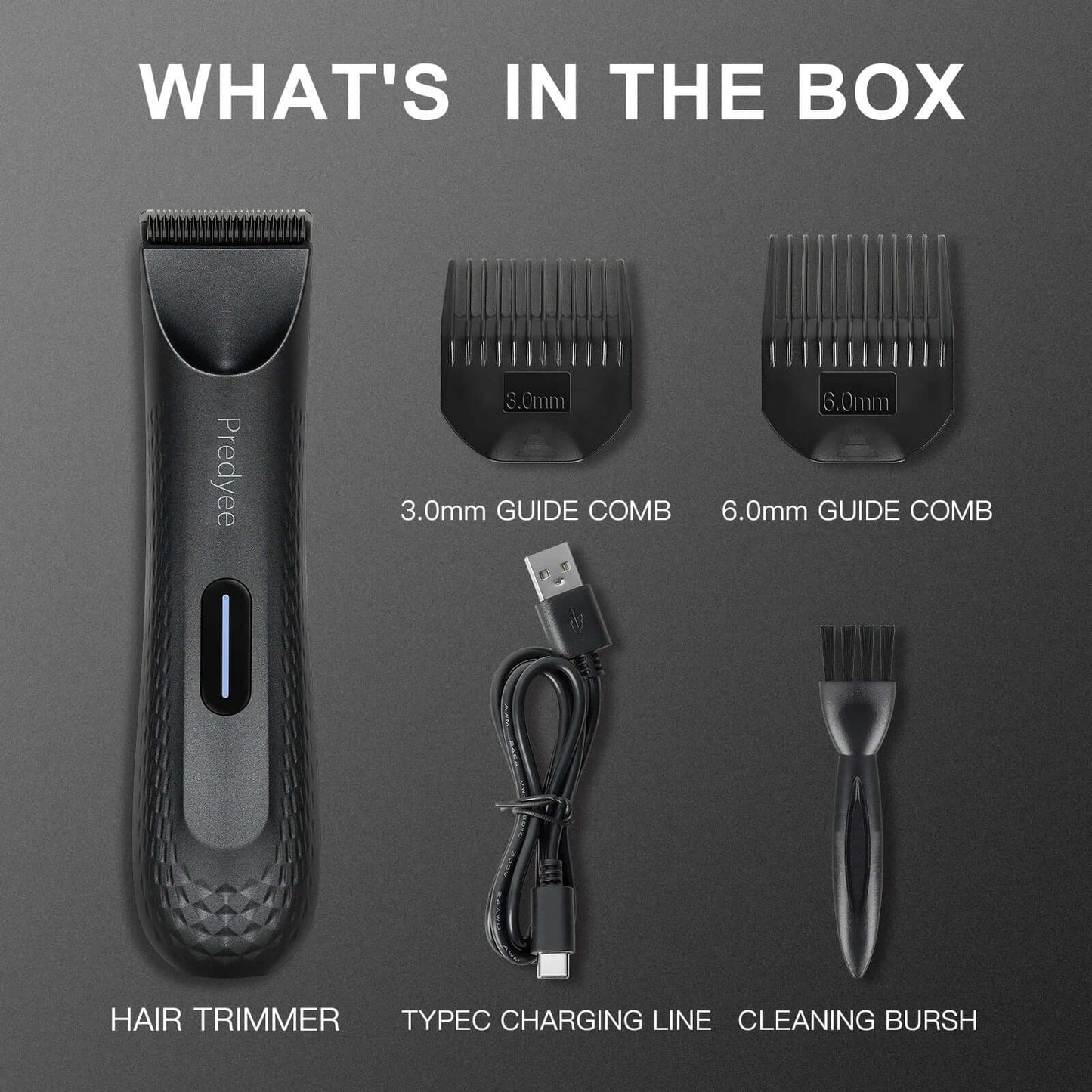 Electric groin hair trimmer with guide combs, charging cable, and cleaning brush included in the box.