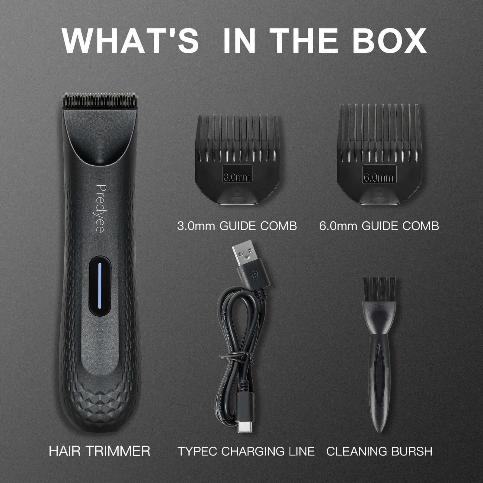Electric groin hair trimmer with guide combs, charging cable, and cleaning brush included in the box.