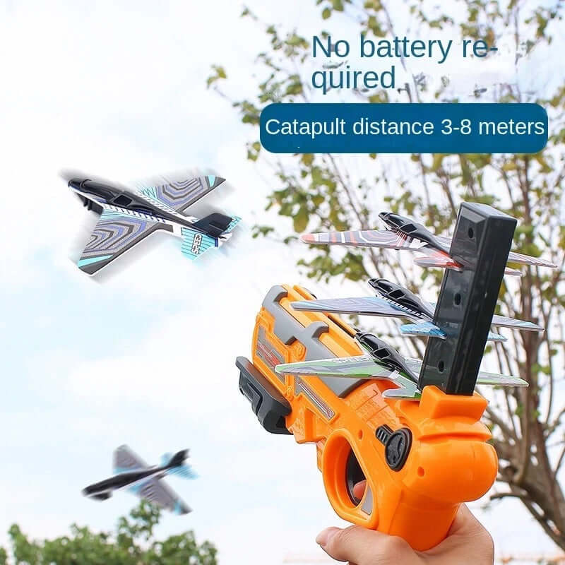 Airplane launcher blaster toy shooting foam glider planes outdoors, no batteries required, range 3-8 meters.