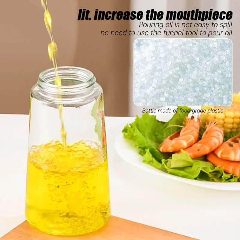 Glass oil dispenser pouring oil without spills, featuring a wide mouth for easy filling and a food-grade plastic design.