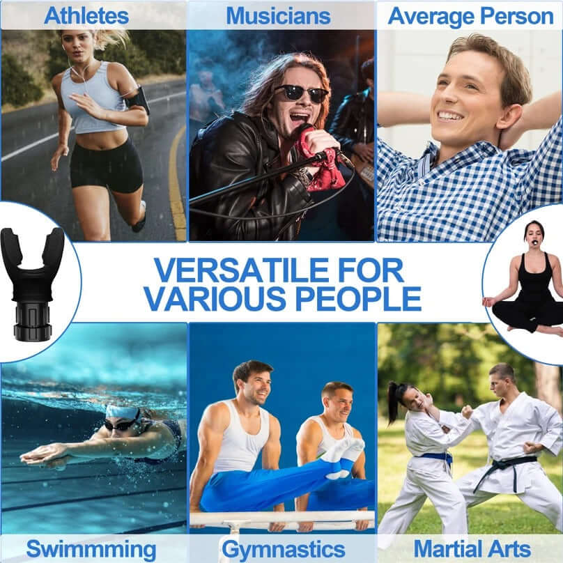 Collage of diverse individuals using lung trainer: athletes, musicians, average people, swimmers, gymnasts, martial artists.