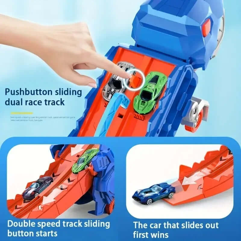 Person pushing button on dinosaur truck's dual race track with mini cars ready to race.