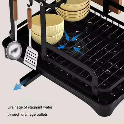 2-tier dish drying rack with built-in drainboard and drainage outlets for efficient water management.