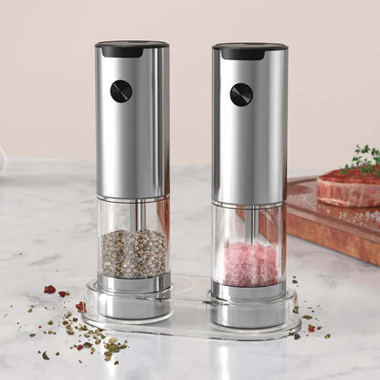 Electric salt and pepper grinder set with adjustable settings, sleek design, and battery power for easy seasoning.