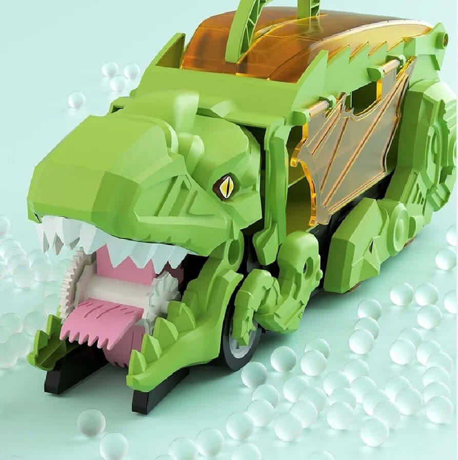 Dinosaur devouring car transporter toy with ejector ramp and T-Rex design, ideal for kids' playtime.