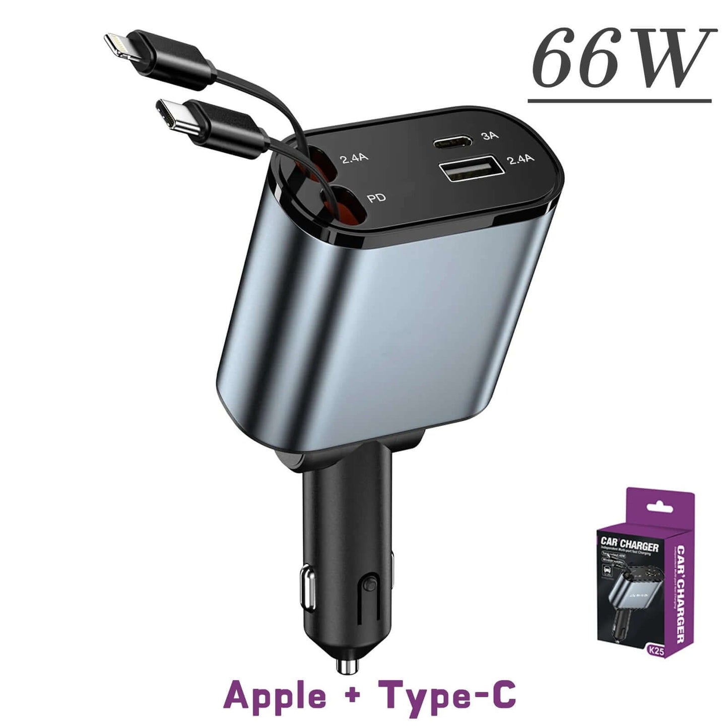 4-in-1 retractable car charger with dual USB ports for fast charging, featuring a sleek design and 66W output for multiple devices.