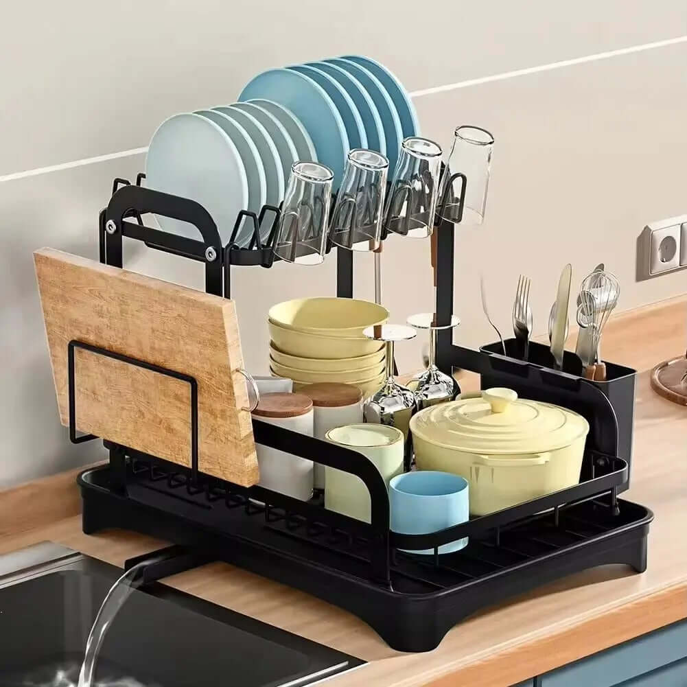 2-tier dish drying rack with drainboard for efficient kitchen drying and organization, featuring plates, glasses, and utensils.