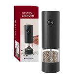 Electric salt and pepper grinder set with adjustable settings, battery-operated and sleek design for convenient seasoning.