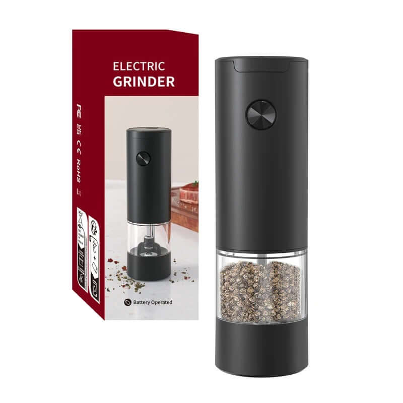 Electric salt and pepper grinder set with adjustable settings, battery-operated and sleek design for convenient seasoning.