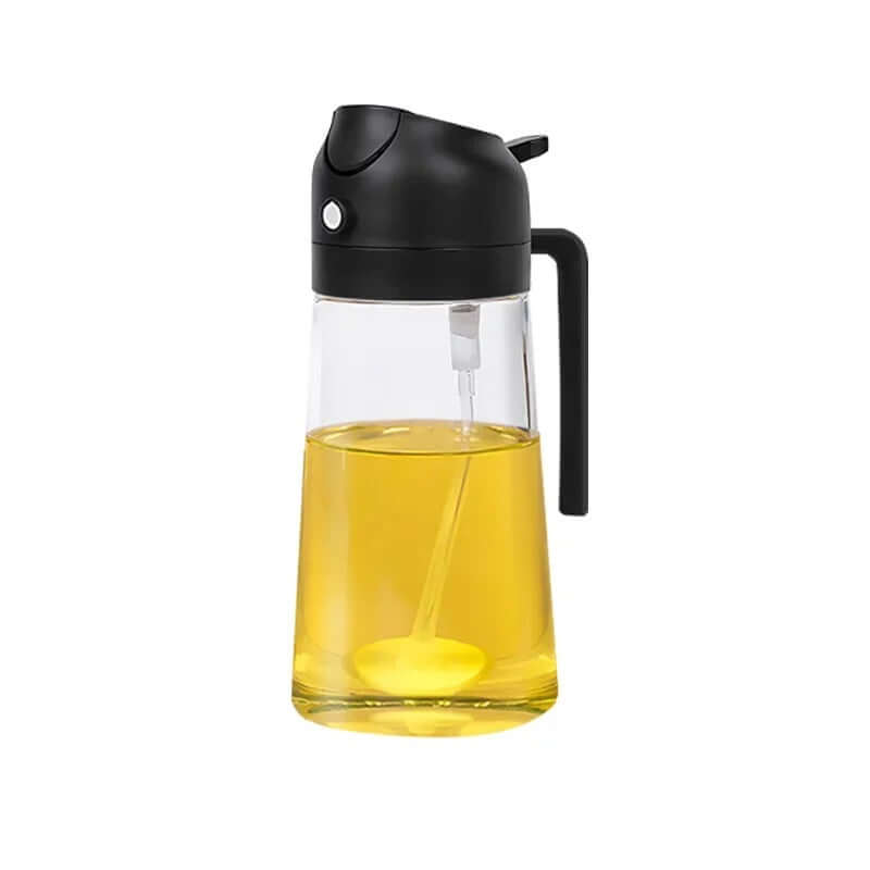 2-in-1 glass oil dispenser and sprayer with ergonomic handle, featuring a drip-free spout for mess-free use.