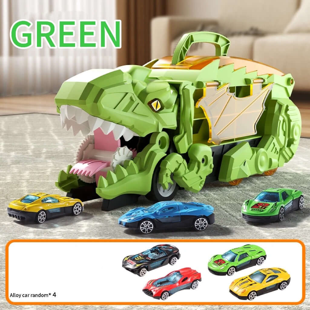 Dinosaur transport toy with cars, featuring a green T-Rex design and a multi-level car storage system.