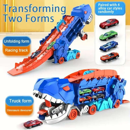 Dinosaur transport truck with foldable race track and mini cars, transforming for exciting playtime.