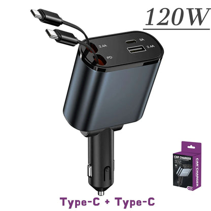 4-in-1 retractable car charger featuring dual Type-C ports, 120W output for fast mobile charging on the go.