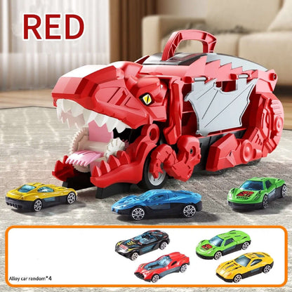 Dinosaur car transporter toy with T-Rex design and alloy cars, ideal for kids' imaginative play and storage.