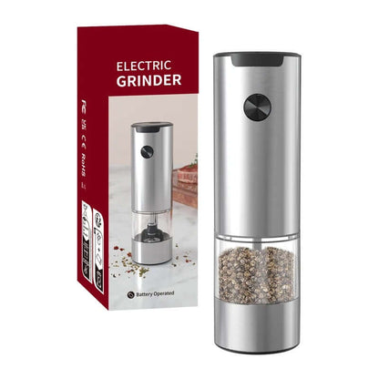 Electric salt and pepper grinder set with stainless steel finish and transparent chamber, battery-operated for convenience.