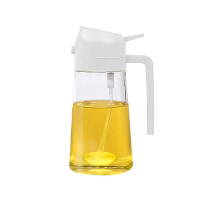 2-in-1 glass oil dispenser and sprayer with a modern design and yellow oil inside.