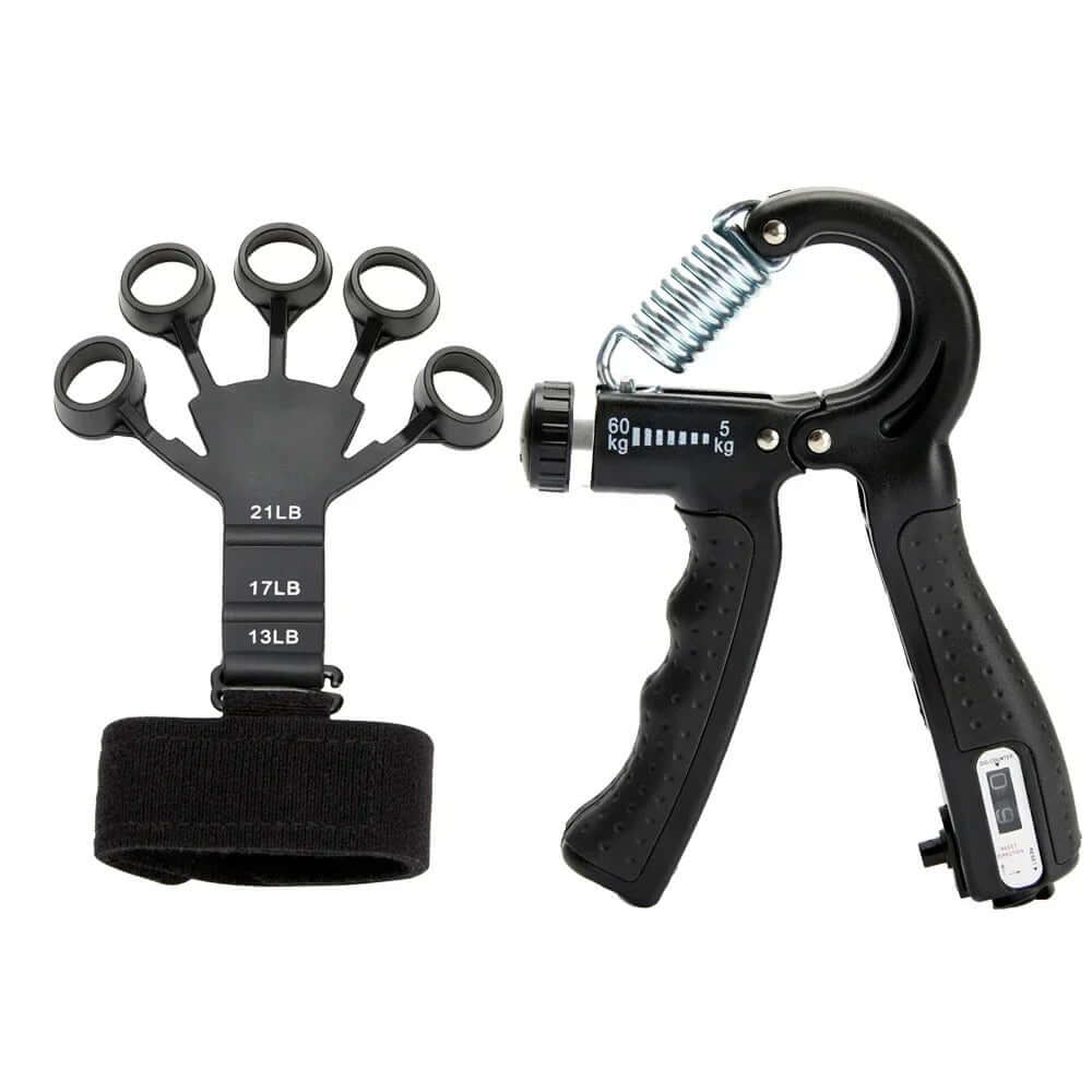 Adjustable grip strength trainer set with varying resistance, ideal for athletes and rehabilitation workouts.
