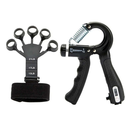 Adjustable grip strength trainer set with varying resistance, ideal for athletes and rehabilitation workouts.