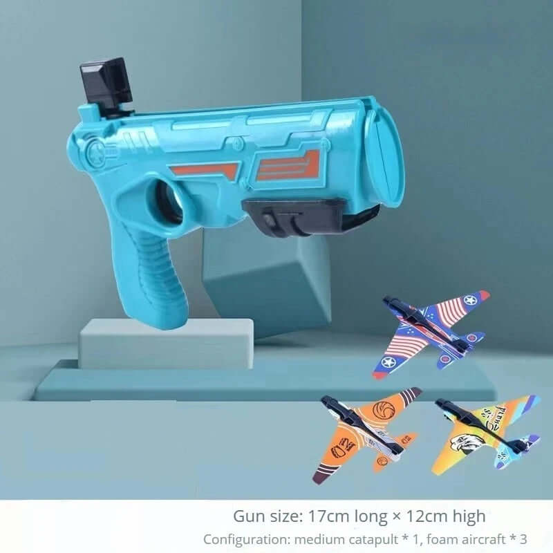 Airplane launcher blaster toy with foam glider planes for kids, promoting outdoor fun and coordination.