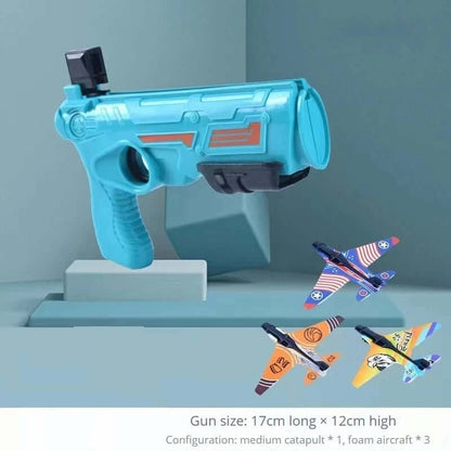 Airplane launcher blaster toy with foam glider planes for kids, promoting outdoor fun and coordination.