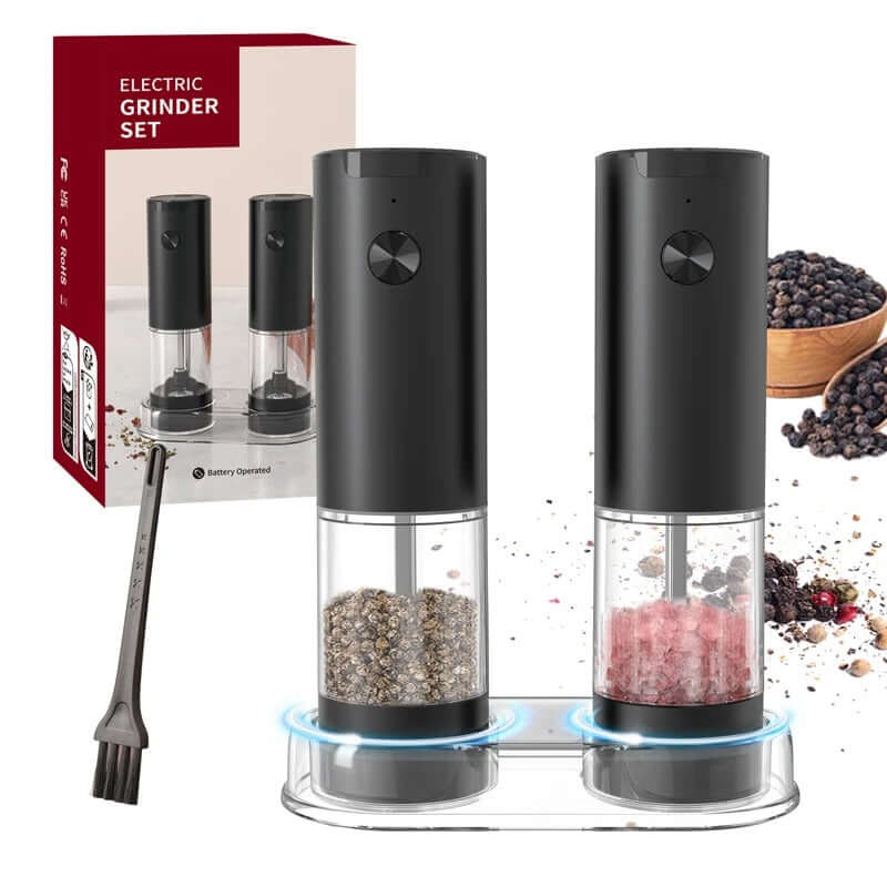 Electric salt and pepper grinder set, battery-powered, adjustable settings with compact design and included cleaning brush.
