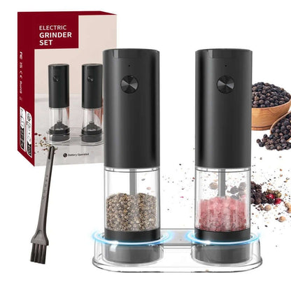 Electric salt and pepper grinder set, battery-powered, adjustable settings with compact design and included cleaning brush.