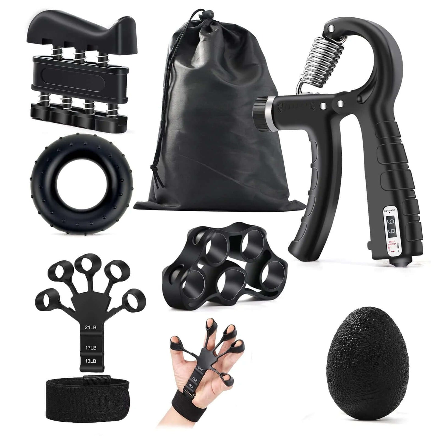 Adjustable grip strength trainer set featuring various tools for enhancing grip, forearm, and finger strength for athletes and music.